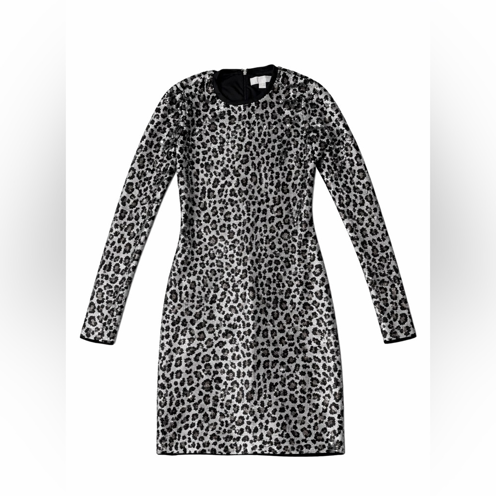 Michael Kors XS black & silver sequin Leopard long sleeve Dress - new with tags